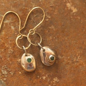 Fine Silver Pebble and Emerald Earrings