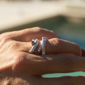 ring, silver, twig, sapphire, ruby